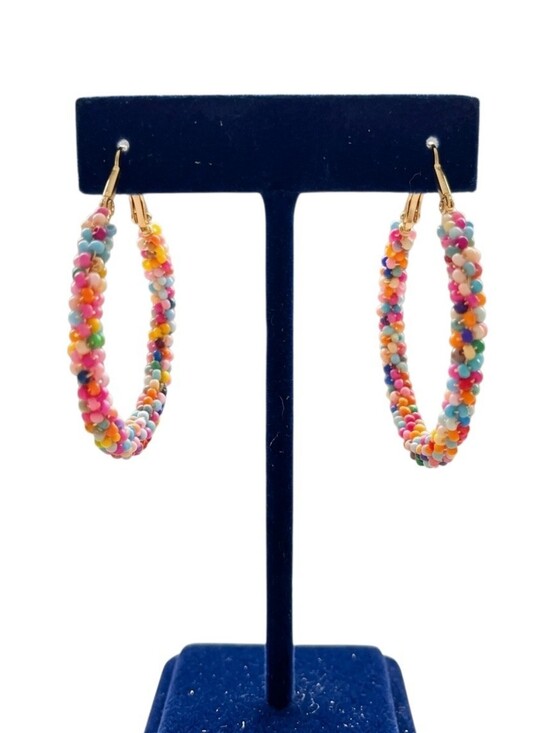 Hand Crafted Jewelry - Hand Crafted Multi-Color Seed Bead Hoop Earrings